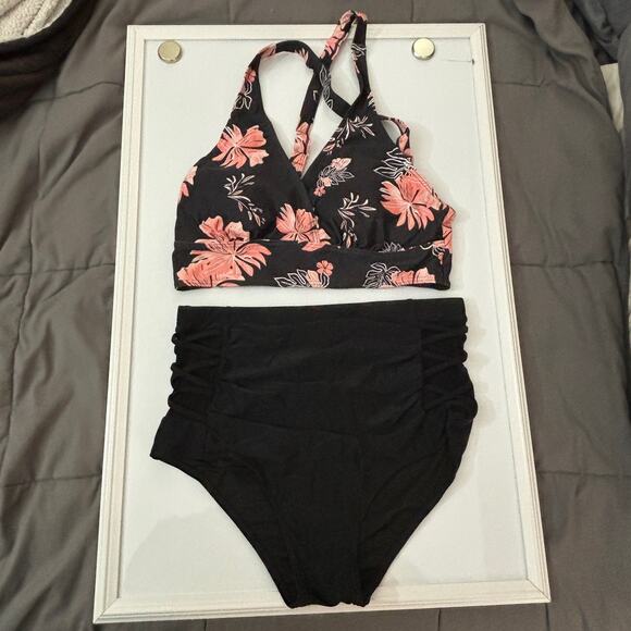 Yonique Black Coral Floral High Waisted Plus Size Bikini Swimwear NWT Size 12W - Picture 3 of 11